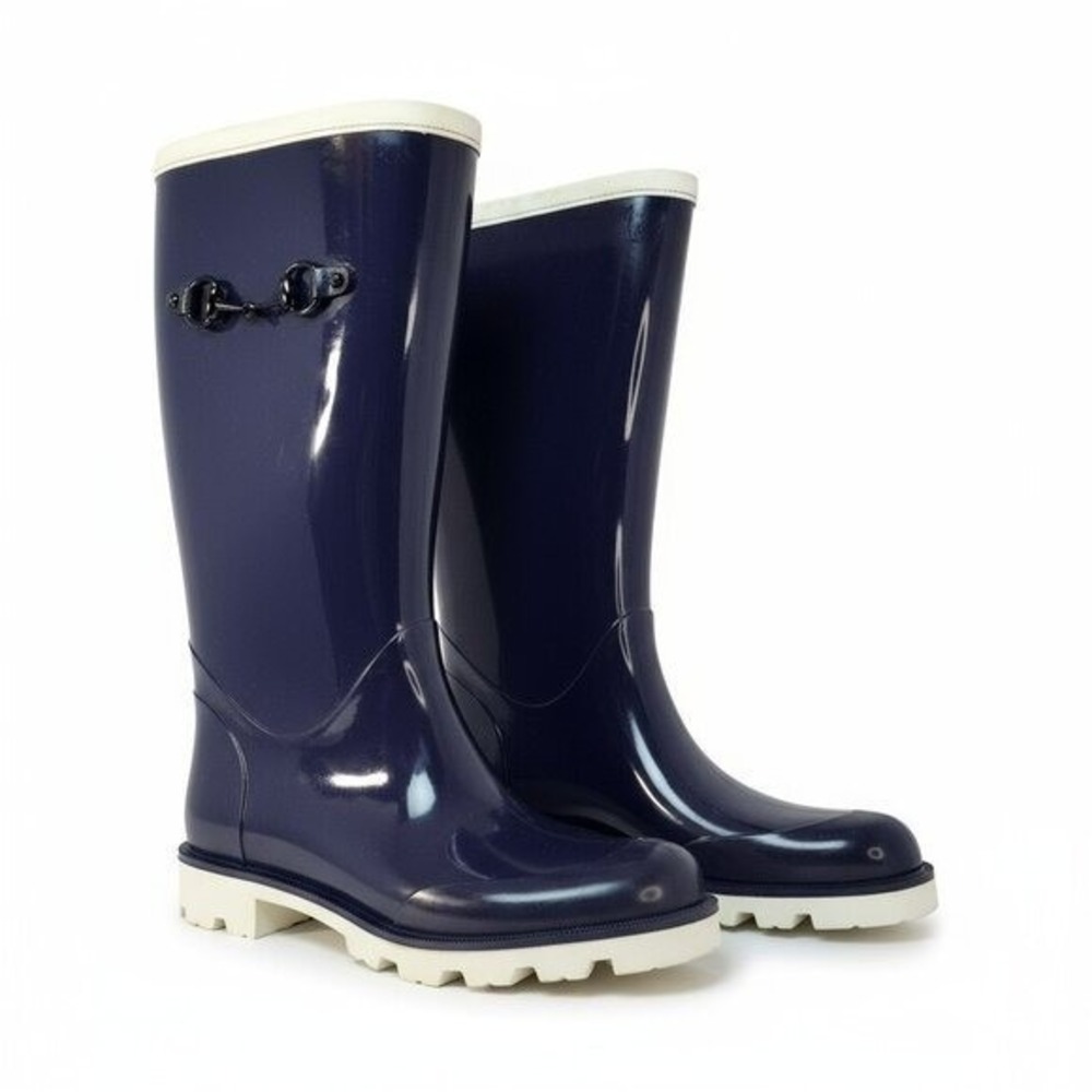 Gucci Horsebit Rain Boot Women Size 37 Navy Blue Glossy Wellington 190789 Good